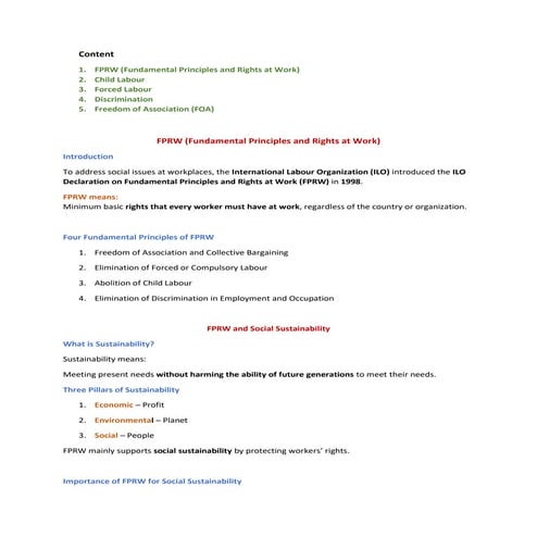 FPRW ( Fundamental principles for right at work ) | PDF