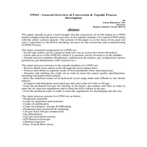 Fpso – general overview of conversion & topside process description -abstract
