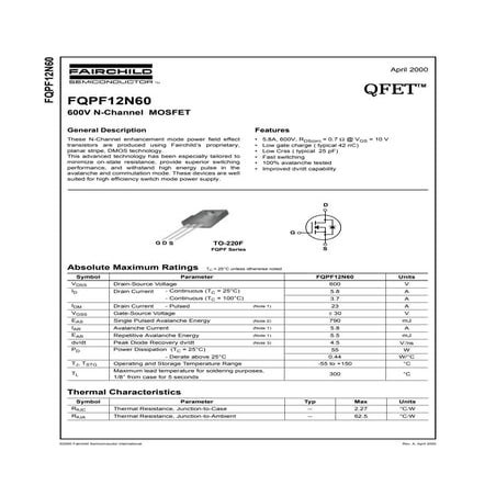Original N-Channel Mosfet 20N06 FQP20N06 60V 20A TO-220 New Fairchild | PDF