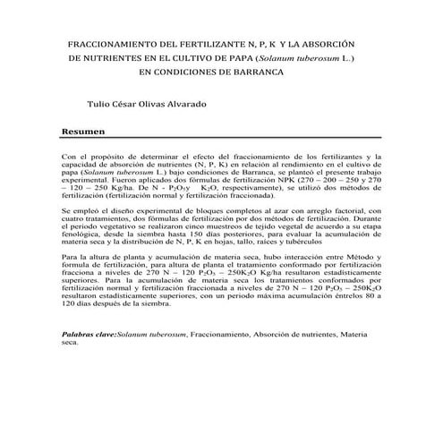 Fraccionamiento del fertilizante   y la absorción de nutrientes en el cultivo...