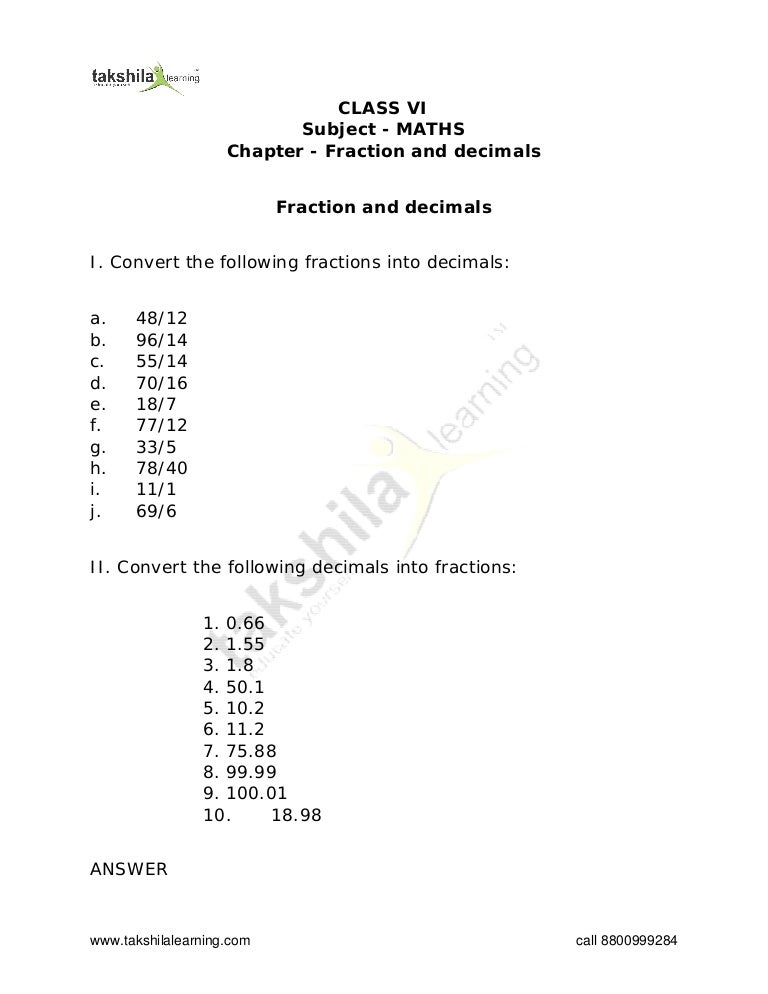 fraction and decimals exercise for cbse class 6 maths free worksheet