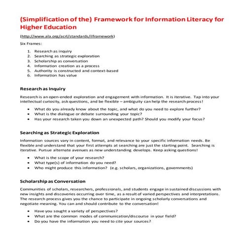 (A Simplification of the) Framework for information literacy