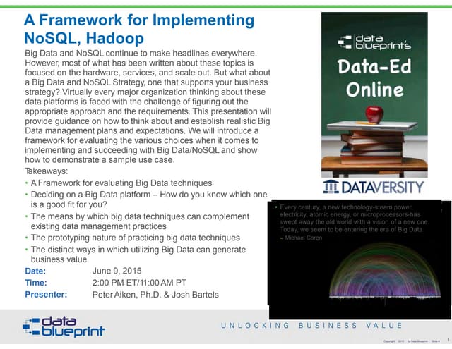 Data-Ed Webinar: A Framework for Implementing NoSQL, Hadoop