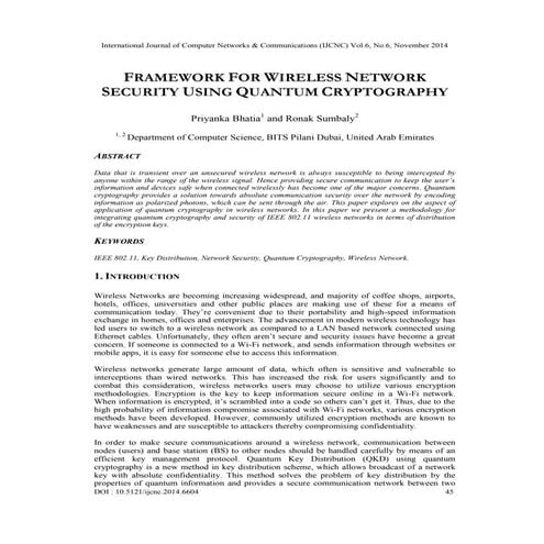 Framework for wireless network security using quantum cryptography | PDF