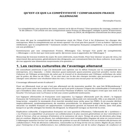 Compétitivité : comparaison France Allemagne