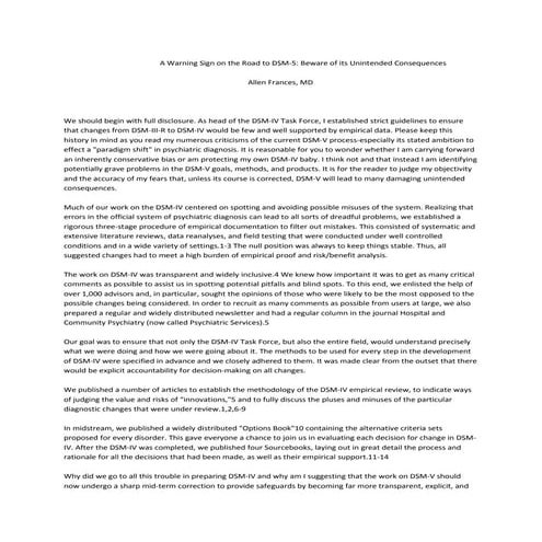 A Warning Sign on the Road to DSM‐5: Beware of its Unintended Consequences