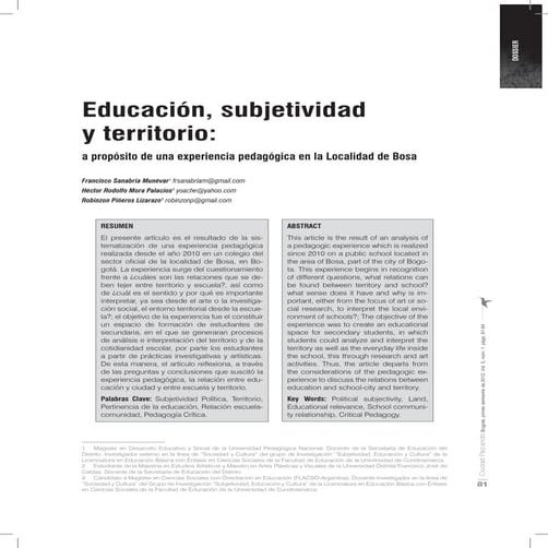 Educación, subjetividad y territorio