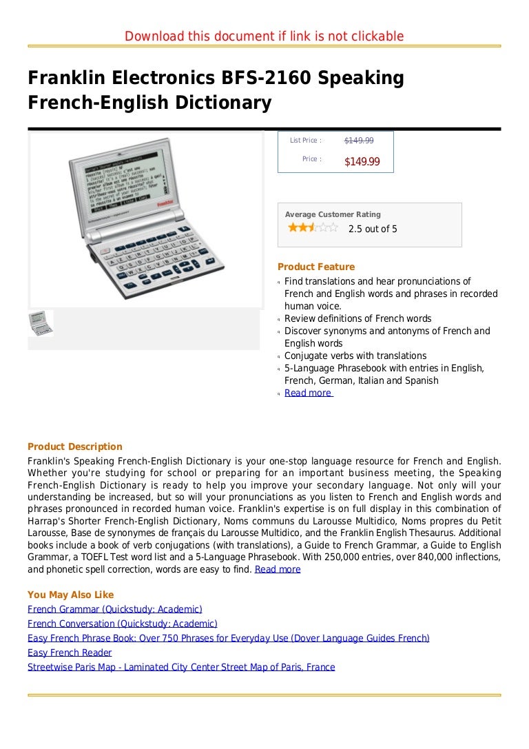 Franklin electronics bfs 2160 speaking frenchenglish dictionary