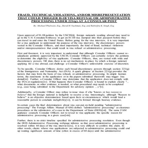 FRAUD, TECHNICAL VIOLATIONS, AND/OR MISREPRESENTATION THAT COULD TRIGGER H-1B...