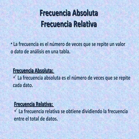 Frecuencia relativa y frecuencia absoluta.