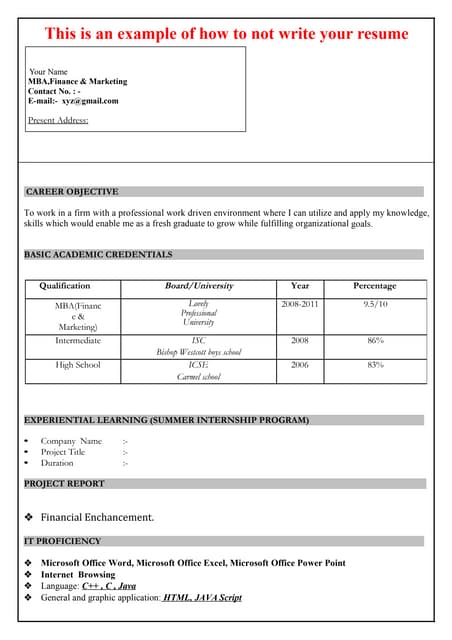 Resume Samples For Freshers Mba