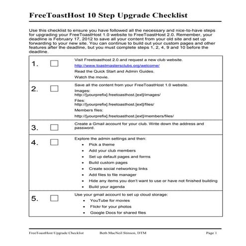 FreeToasthost Upgrade 10 Step Checklist