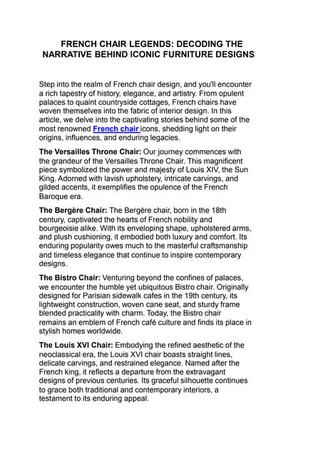 FRENCH CHAIR LEGENDS: DECODING THE NARRATIVE BEHIND ICONIC FURNITURE 