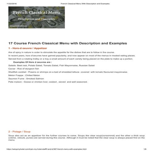French classical menu with description and examples