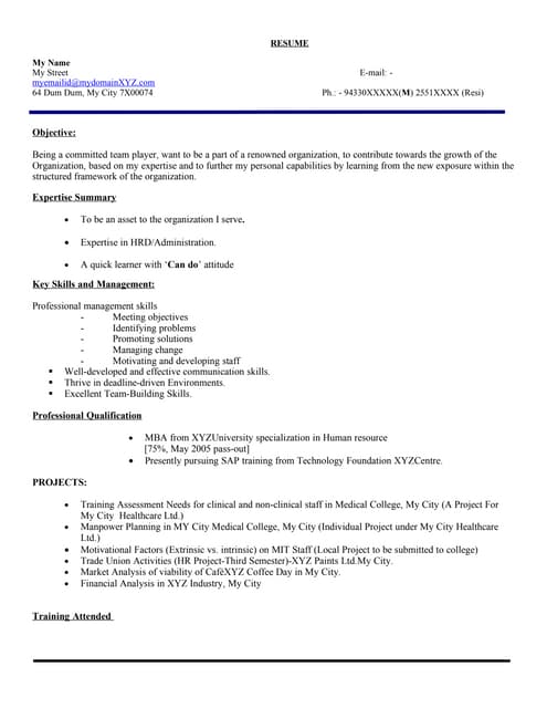 model resume for freshers