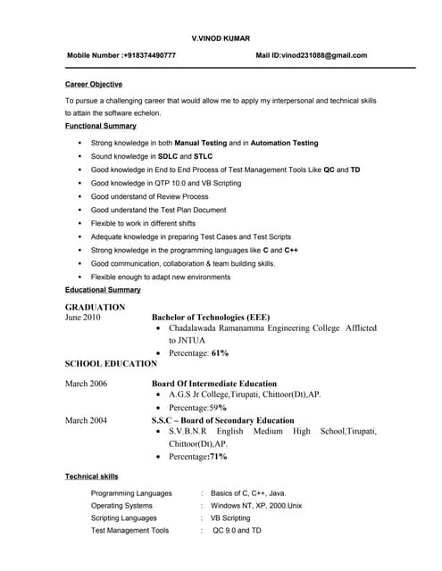 Freshers software testing resume sample