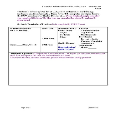 Frm 820 capa corrective preventive action med dev form