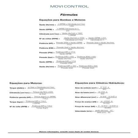 FÓRMULAS TÉCNICAS HIDRÁULICAS