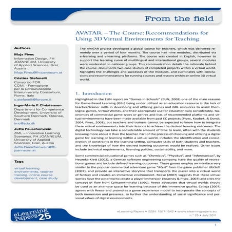 AVATAR – The Course: Recommendations for Using 3D Virtual Environments for Te...