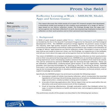 Reflective Learning at Work – MIRROR Model, Apps and Serious Games