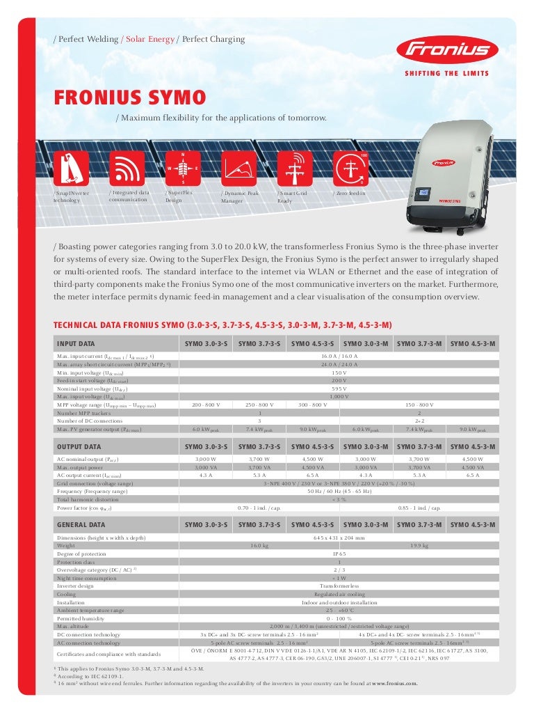 Fronius Symo 3.0 20.0 Three Phase Inverter Datasheet
