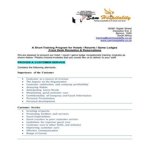 On-site Training | Frontline Staff | Hotels | Lodges | Hospitality