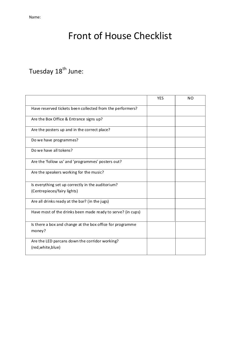 Front of house checklist