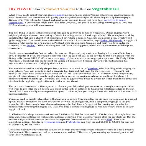 FRY POWER: How to Convert Your Car to Run on Vegetable Oil  
