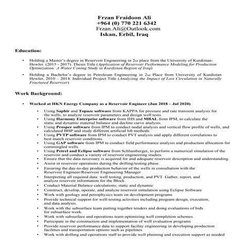 Frzan ali cv   reservoir engineer