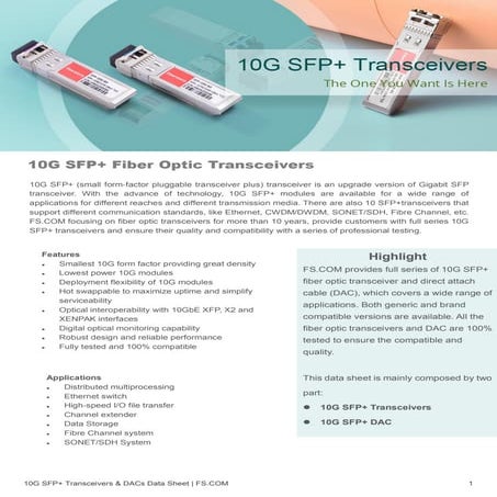 10G SFP+ Fiber Optic Transceivers and SFP+ DAC Data Sheet