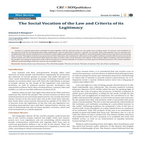 Crimson Publishers: The Social Vocation of the Law and Criteria of its Legiti...
