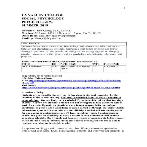Social Psychology syllabus summer 2019
