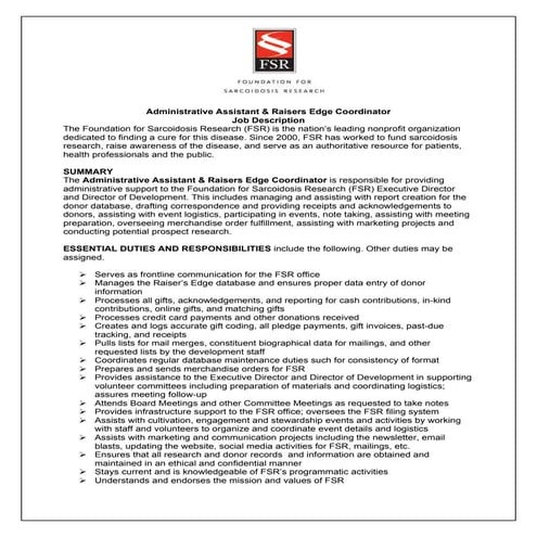 Fsr admin  raiser's edge coordinator   job description 7-9-12