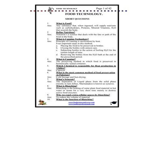 Food Technology - Exam Questions | PPTX