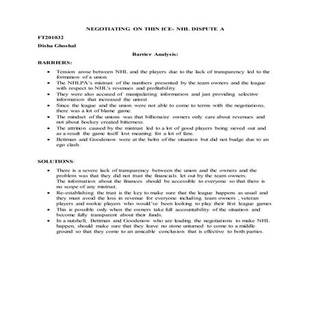 NEGOTIATING ON THIN ICE- NHL DISPUTE A