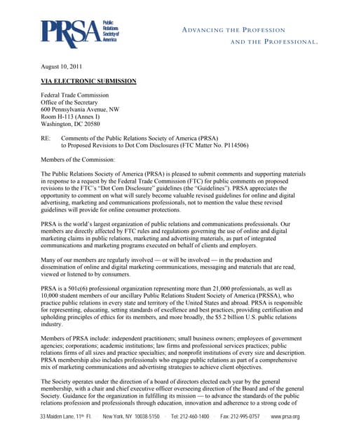 PRSA Commentary — FTC 'Dot Com Disclosure' Guidelines