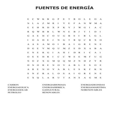 Fuentes de energía sopa de letras y crucigrama
