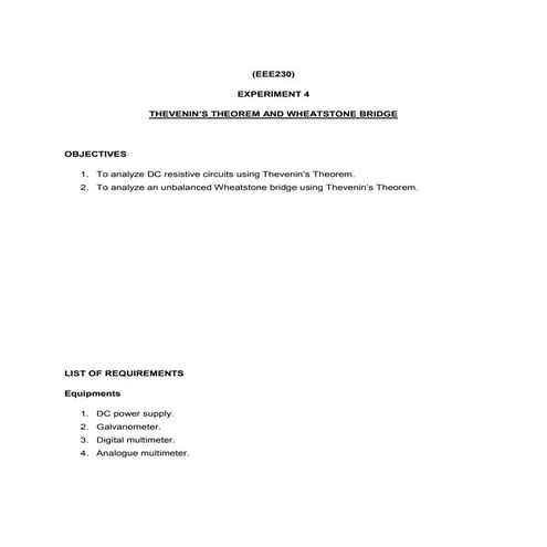 THEVENIN’S THEOREM AND WHEATSTONE BRIDGE experiment 4