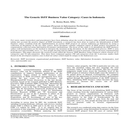 The Generic IS/IT Bussiness Value Category : Cases In Indonesia