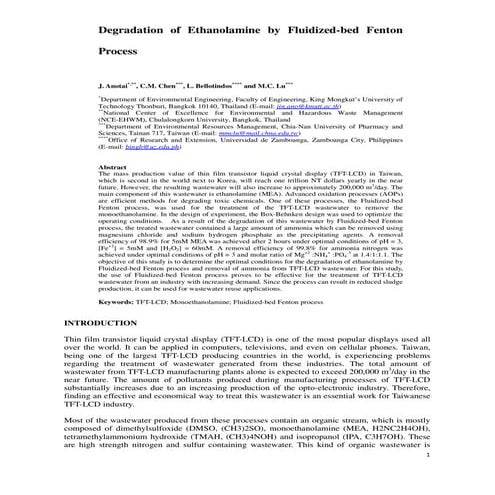 Degradation of Ethanolamine by Fluidized-bed Fenton Process