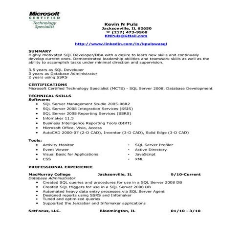 Resume Of Kevin Puls