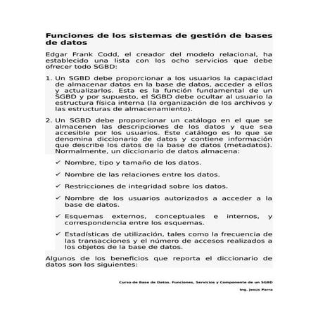Funciones y Componente de un Sistema de Gestión de Base de Datos | PDF