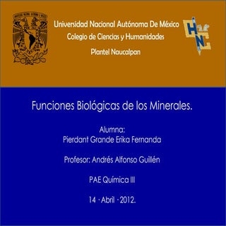 Funciones biológicas de Na, K, Fe, Ca.