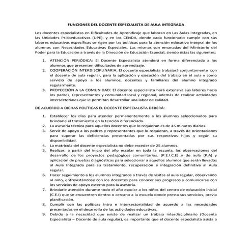 FUNCIONES DEL DOCENTE ESPECIALISTA EN DIFICULTAD DEL APRENDIZAJE DE LAS  AULA...