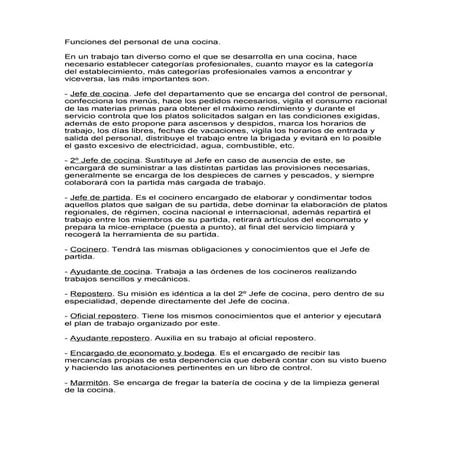 Funciones del personal de una cocina