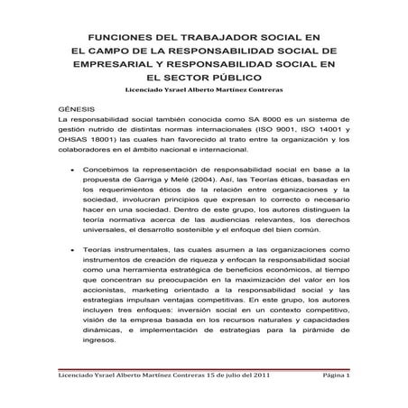 FUNCIONES DEL TRABAJADOR SOCIAL EN EL CAMPO DE LA RESPONSABILIDAD SOCIAL DE E...