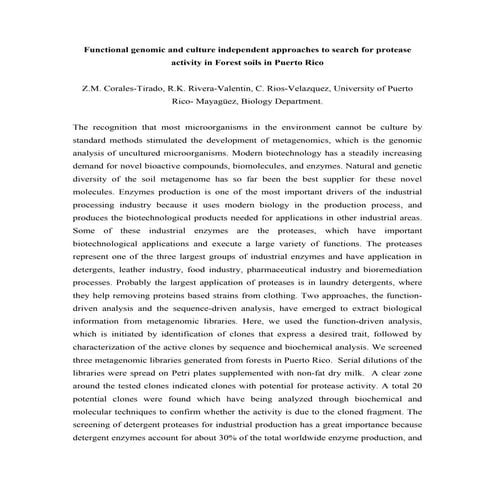Functional genomic and culture independent approaches to search for protease  activity in Forest soils in Puerto Rico