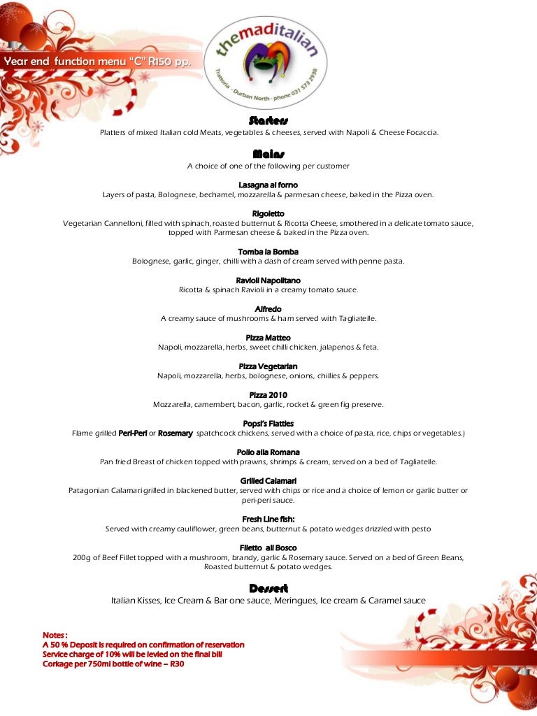Function menu C year end R150 pp