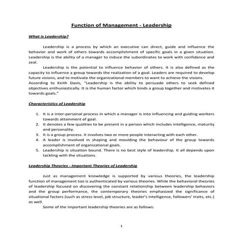 Function of management   leadership