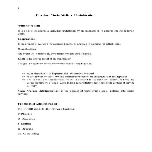 Function of social welfare administration